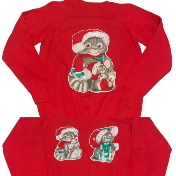 Vtg Christmas Sweatshirt Puffy Paint Cat Mouse Hand Paint Womens M - Picture 1 of 11